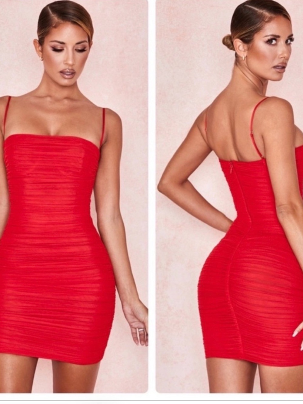 House of CB Red Ruched Spaghetti-Strap Mini Dress